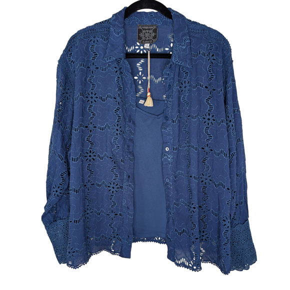 Johnny Was Jade Marina Joy Rayon Shirt Blue Eyelet Button Down Long Sleeve - Picture 4 of 9